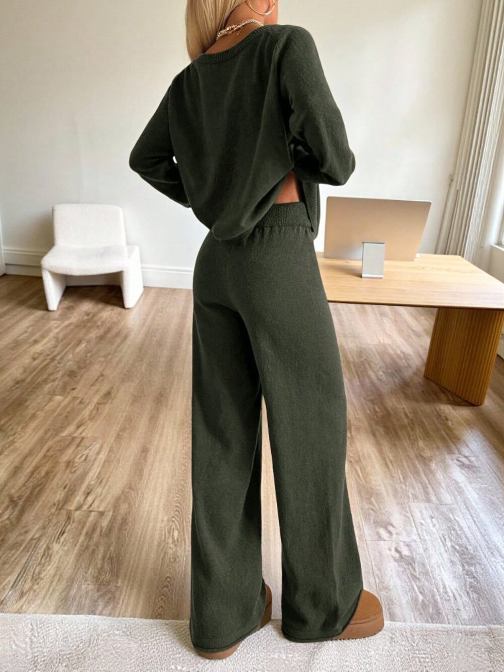 Olive Green Casual Women's Drawstring Rib-Knit Drop Shoulder Long Pants - Picture 2 of 5